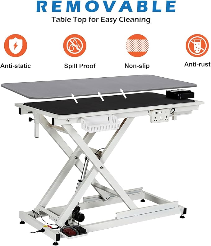 Professional Electric Dog Grooming Table Heavy Duty Pet Grooming Table Height Adjustable w/Leveling Wheels, Dog Grooming Arm, Anti Slip Tabletop &Tool Organizer, Dog Grooming Station 50" White