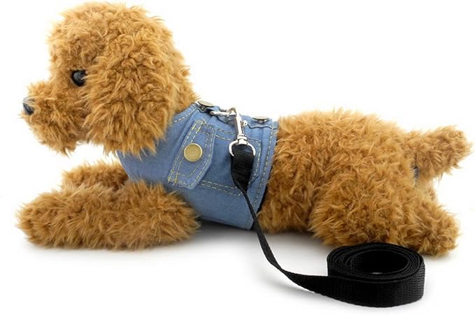 SMALLLEE_LUCKY_STORE Small Dog Cat Denim Jacket Vest with D-Ring Puppy Harness and Leash Set Escape Proof No Choke Soft Mesh Padded,Light Blue S