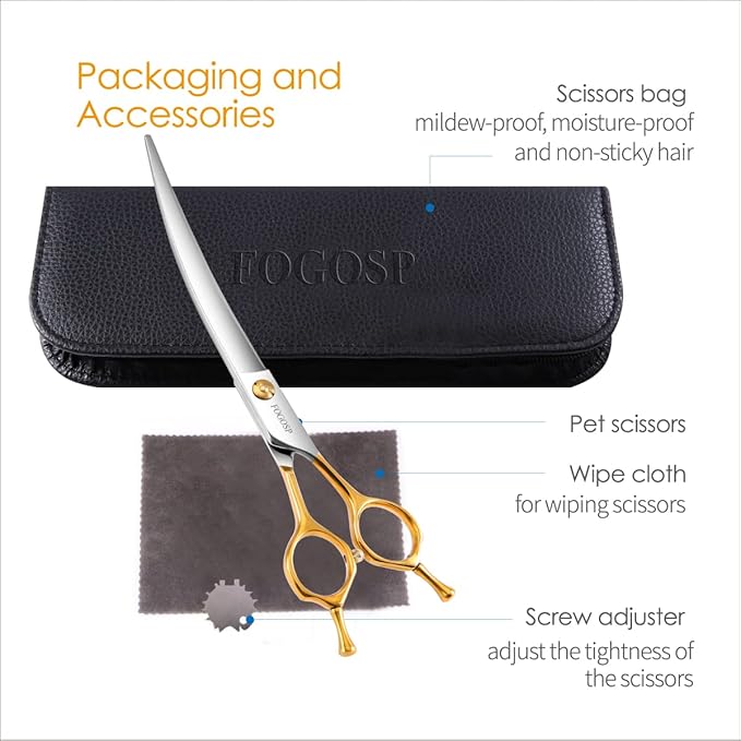 Curved Dog Grooming Scissors Professional 7" Grooming Shears for Dogs Pet Right Handed Groomer Japan 440C Stainless Steel (7 in Curved, Gold)