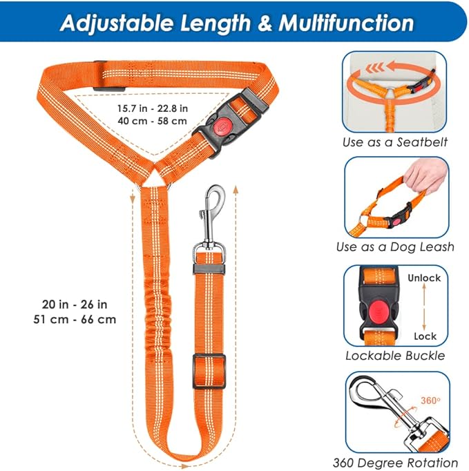 Lukovee Dog Seatbelt Leash for Cars, 2 Pack Pet Safety Car Seat Belt with Adjustable Buckle & Reflective Bungee, Connect Dog Harness in Vehicle Car Dogs Restraint Travel Daily Use (Orange)
