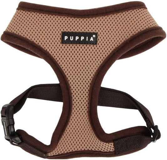 Puppia Soft Dog Harness No Choke Over-The-Head Triple Layered Breathable Mesh Adjustable Chest Belt and Quick-Release Buckle, Beige, Medium