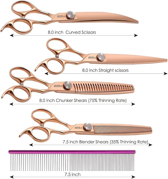 Rose Gold Titanium Dog Grooming Scissors Set 4PCS Curved Thinning Straight Chunkers Shears Kit with White Artificial Diamonds Ergonomic Offset Handle Japan 440C Sharp and Durable