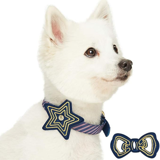 Blueberry Pet 2 Patterns Adjustable Dog Collar with Metal Buckle and 2 Detachable Bowtie - Blue Asymmetric Stripe, Neck 13-16.5", for Medium Breed