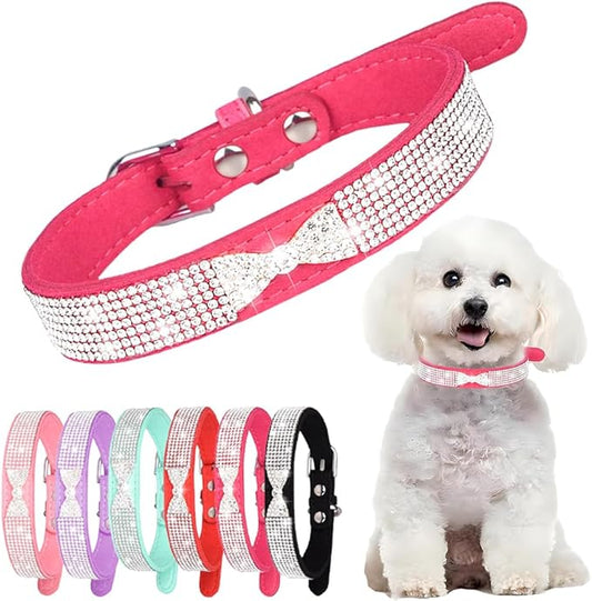 Hot Pink Rhinestone Dog Collar for Female Dogs, Diamond Cat Collars with Jeweled Crystal Sparkling Glitter Girl's Pet Collar Adjustable for Medium Large Dogs, L
