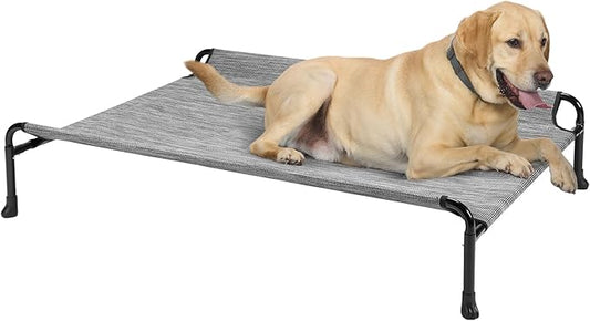 Veehoo Cooling Elevated Dog Bed, Raised Dog Beds for Large Dogs, Outdoor Dog Bed with Guardrail, Upgraded Non-Slip Feet, Breathable Teslin Mesh, Portable Camping Dog Cot, 41 x 27 Inches, Black Silver