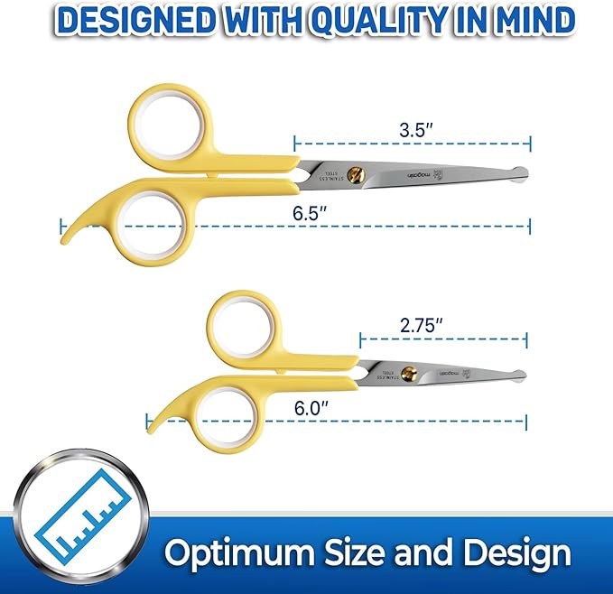 Pet Magasin Japanese Stainless Steel Grooming Scissors (2) for Facial Hair and Larger for Body Trimming with Round Tip (Yellow)