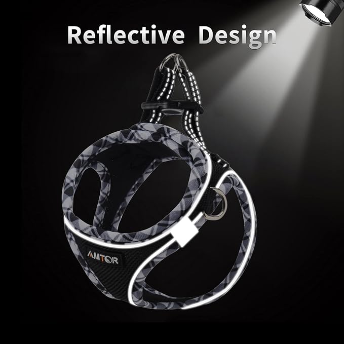 AMTOR Small Dog Harness with Leash Set, No Escape Easy Walk Puppy Harnesses for Training Walking, Step-in Reflective Soft Dogs Vest for XS S Medium Extra-Small Large Sized Dog(Blackwhite,L)