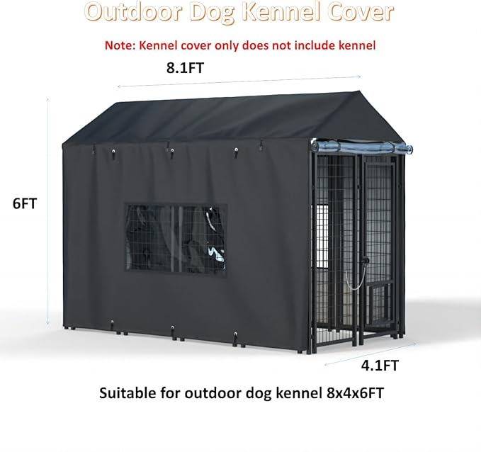 Outdoor Dog Kennel Cover - 8.1'D x 4.1'W x 6'H. All-weather waterproof protection for multiple brands of kennels of the same size, Black