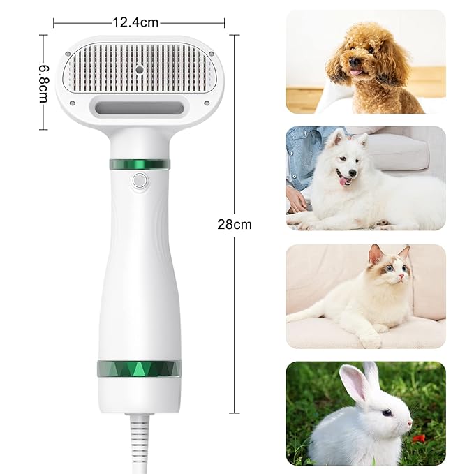 COLORCORAL Pet Hair Dryer Brush, White, Safe for All Hair Types, Flexible Stainless Steel Bristles, 3 Temperature Settings, 300W, Unisex Hair Brush for Small & Medium Dogs & Cats