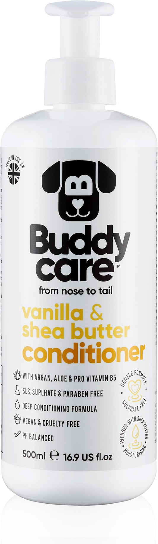 Vanilla & Shea Butter Dog Conditioner (16.90oz) Aloe Vera, Argan Oil & Pro Vitamin B5 to Detangle Matted Coats & Relieve Sensitive & Itchy Skin, Suitable for Puppies from 8 Weeks, Vegan
