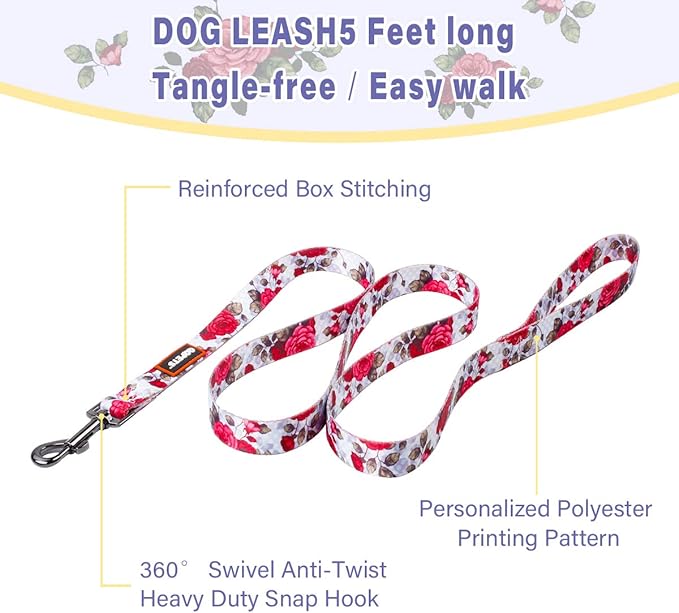 QQPETS Dog Harness Leash Set Adjustable Heavy Duty No Pull Halter Harnesses for Small Medium Large Breed Dogs Back Clip Anti-Twist Perfect for Walking (L(23"-32" Chest Girth), Rose)