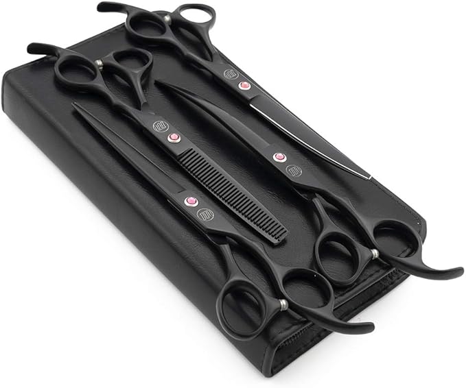 Moontay Professional 7.0" Dog Grooming Scissors Set, 4-pieces Straight, Upward Curved, Downward Curved, Thinning/Blending Shears for Dog, Cat and Pets, JP Stainless Steel, Black