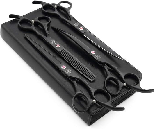 Moontay Professional 7.0" Dog Grooming Scissors Set, 4-pieces Straight, Upward Curved, Downward Curved, Thinning/Blending Shears for Dog, Cat and Pets, JP Stainless Steel, Black