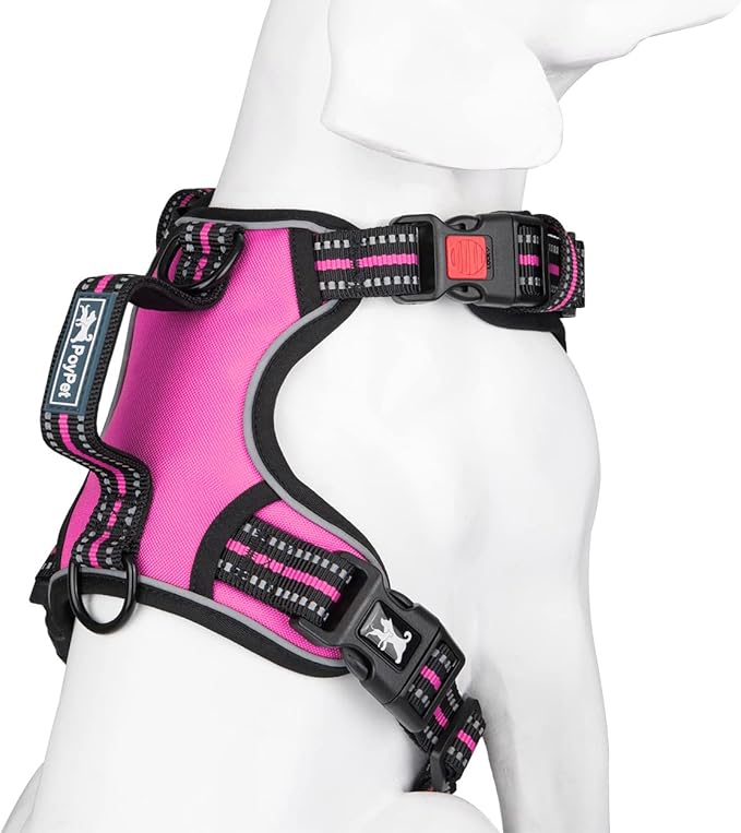 PoyPet No Pull Dog Harness, No Choke Front Clip Reflective Dog Vest with Soft Padded Vertical Handle, 3 Leash Attachments for Small Medium Large Dogs (Pink,S)