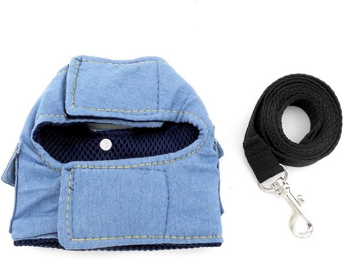 SMALLLEE_LUCKY_STORE Small Dog Cat Denim Jacket Vest with D-Ring Puppy Harness and Leash Set Escape Proof No Choke Soft Mesh Padded,Light Blue S