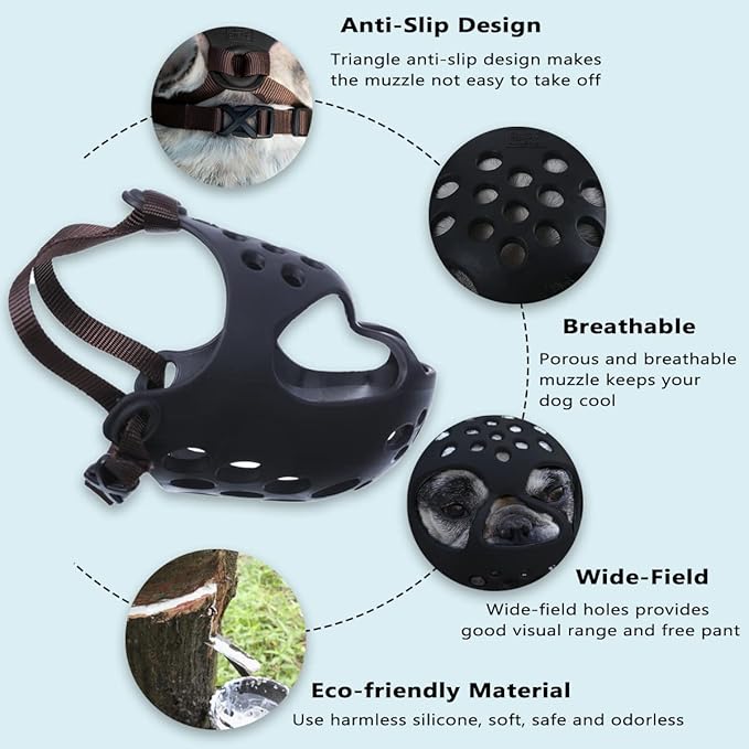 BARKLESS Dog Muzzle for Short Snout Dogs, Soft Silicone Muzzle for Biting, Chewing, Licking for French Bulldog Shih Tzu, Ideal for Flat-Faced Aggressive Dogs Grooming Walking, Allows Drinking