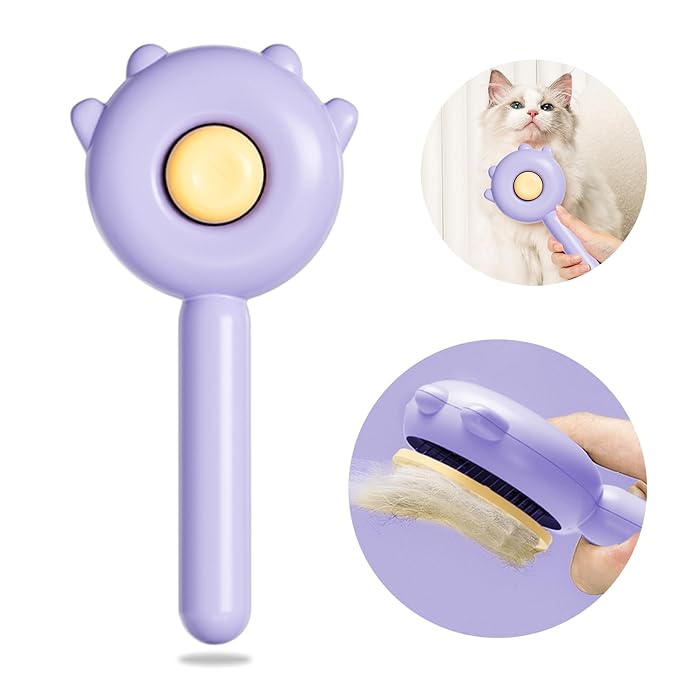 Paw Cat Brush with Release Button, Self Cleaning Cat Brush for Shedding, Cat Hair Brush for Grooming Long and Short Haired Cats Dogs (Purple)