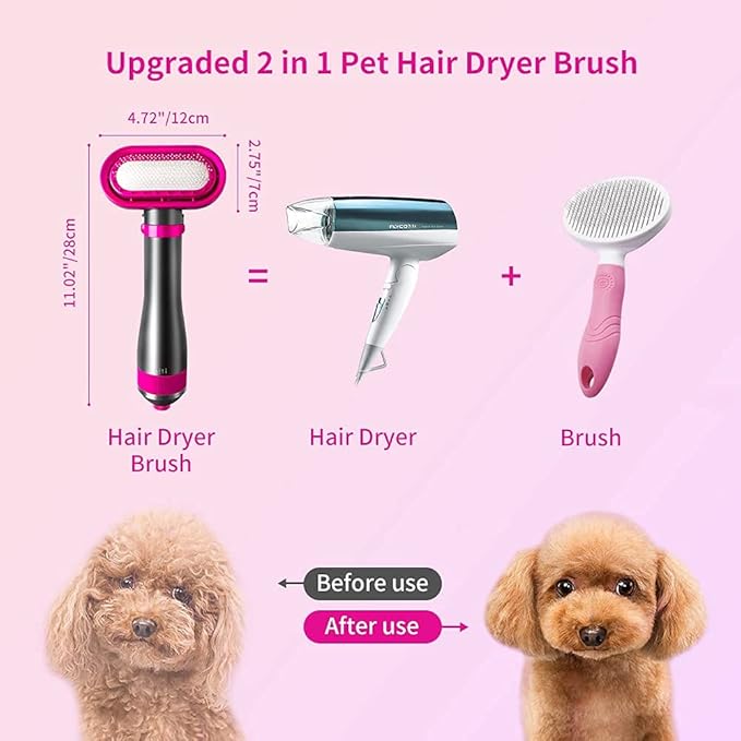 Hair Dryer Brush for Small/Medium Dog & Cat, 2 in 1 Pet Grooming Dryer, 2 Heat Settings & 3 Adjustable Blowing Dryer, White