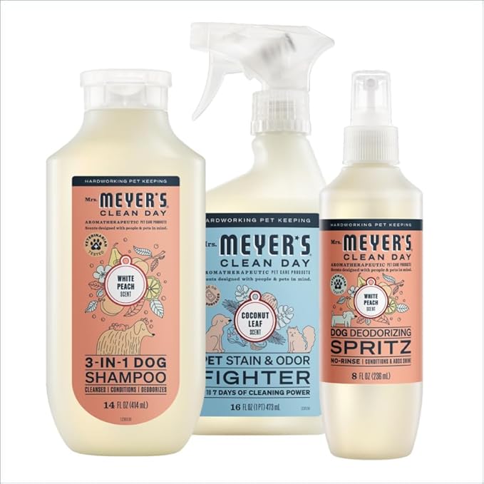 Mrs. Meyer's Clean Day Dog Care Kit, Includes 3in1 Dog Shampoo - White Peach, Dog Deodorizing Spritz - White Peach and Pet Stain & Odor Fighter - Coconut Leaf