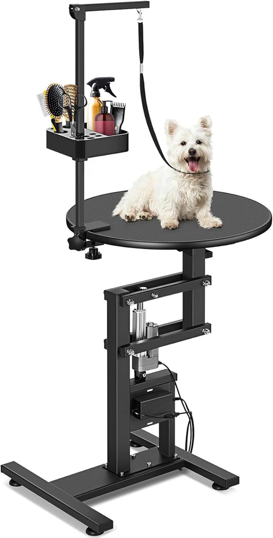 PullaFun 24" Electric Dog Grooming Table, Adjustable Overhead Arm Dog Grooming Table, Rotating Desktop Pet Grooming Table, Suitable for Household Dogs, Non-Slip Table, Black