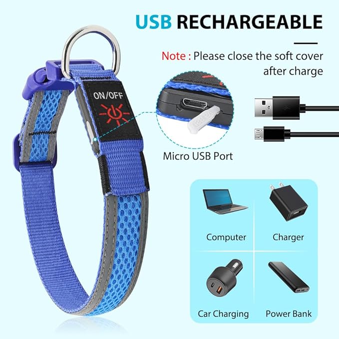 BSEEN Light Up Dog Collar - LED Dog Collar Rechargeable, Adjustable Reflective Dog Collar, Glow in The Dark Dog Camping Gear Dog Lights for Night Walking (Large Collar, Royal Blue)