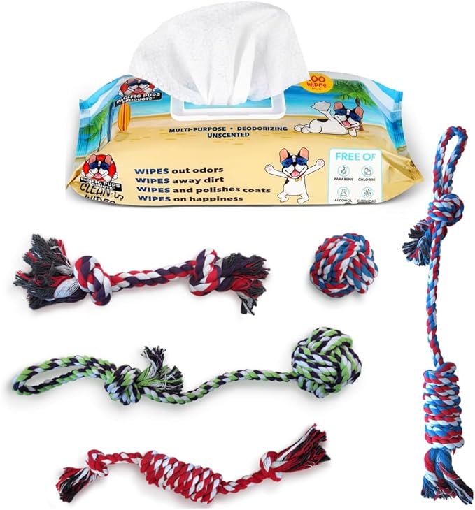 Ultimate Pet Care Bundle: Pacific Pups Organic Dog Wrinkle Wipes & 5PCs Rope Toys for Small and Medium Dogs - Supports Non-Profit Dog Rescue