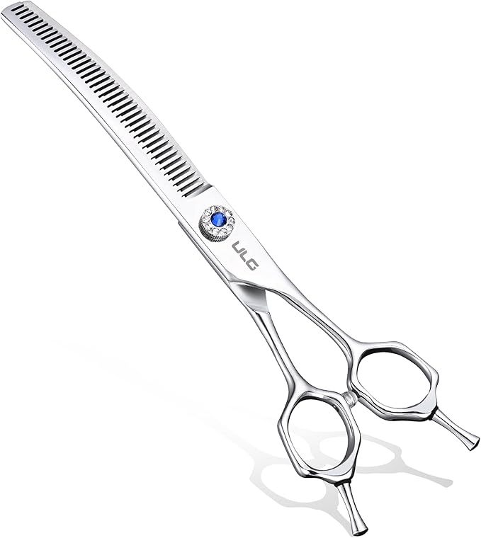 ULG Dog Grooming Scissors 40-Tooth 7.5” Curved Thinning Scissors Seamless 15%-20% Thinning Rate 440C Japanese Stainless Steel Tension Adjustable Left & Right Handed Pet Grooming Shears