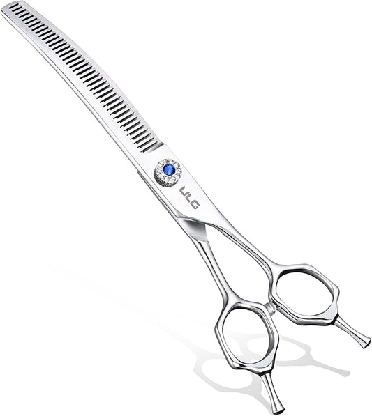 ULG Dog Grooming Scissors 40-Tooth 7.5” Curved Thinning Scissors Seamless 15%-20% Thinning Rate 440C Japanese Stainless Steel Tension Adjustable Left & Right Handed Pet Grooming Shears