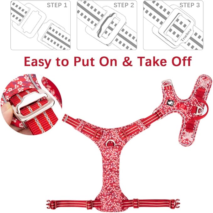 La La Pet® Floral No Pull Dog Harness Reflective Dog Vest Harness with Front & Back 2 Leash Clips and Easy Control Handle for Small Medium Large Dogs 3 Snap Buckles Easy to Put On & Take Off Red S