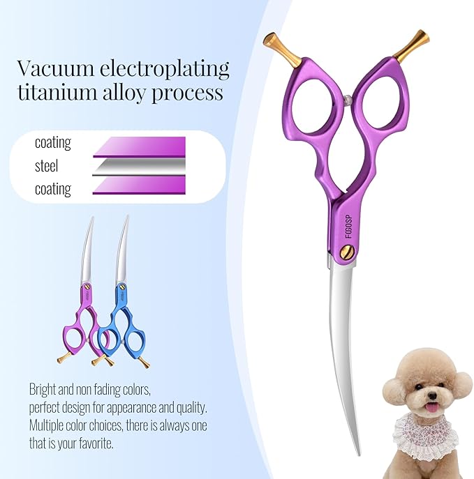 Professional Left Handed Curved Dog Grooming Scissors with Sharper Self Grinding lightweight and finely trimmed split structure 6.5'' Japan VG10 63HRC for small dogs cat pet(Purple)