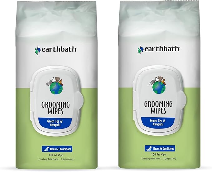 earthbath, Green Tea & Awapuhi Grooming Wipes - Dog Wipes for Paws and Butt, Best Pet Wipes for Dogs & Cats, Made in USA, Cruelty-Free Dog Cleaning Wipes, Removes Dirt & Dander - 100 Count (2 Pack)