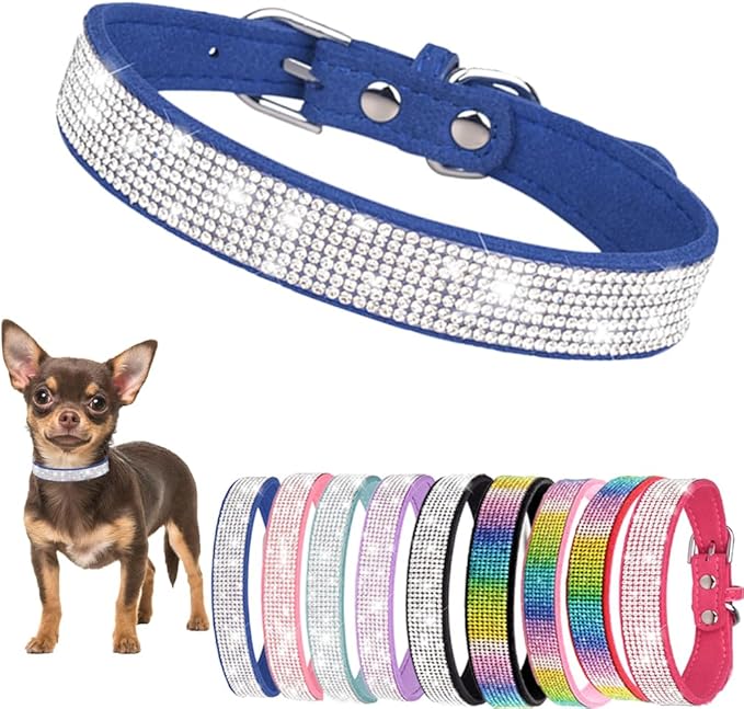 Bling Dog Collars for Small Dogs, XXS Dog Collar with Rhinestone Diamond Crystal Glitter Girls Dog Collars for Puppy XXS XS Small Dogs and Cats, Blue, XXS