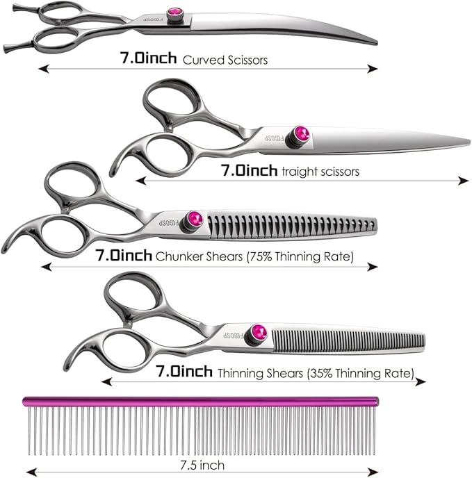 Dog Grooming Scissors Kit 7 in Professional Curved Thinning Straight Chunkers Shears and Comb 5pcs Set for Grooming Dogs Cat Pet Japanese 440C Stainless Steel(7.0'',Kit)