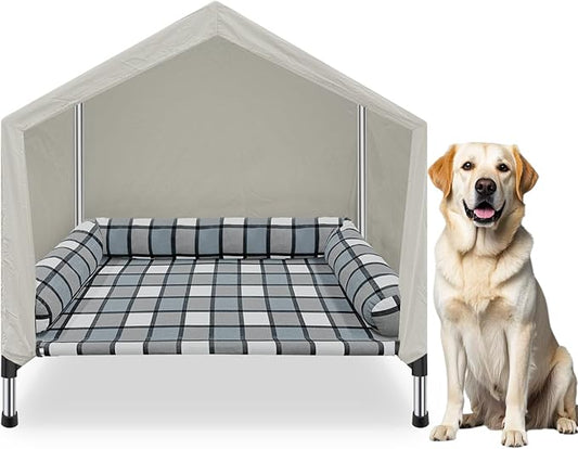 Elevated Dog Pet Bed House - Weatherproof 2-in-1 Indoor Outdoor Pet Cot with Canopy Cooling Portable Raised Dog Bed with Pillow for Camping Beach (DMHK-22)