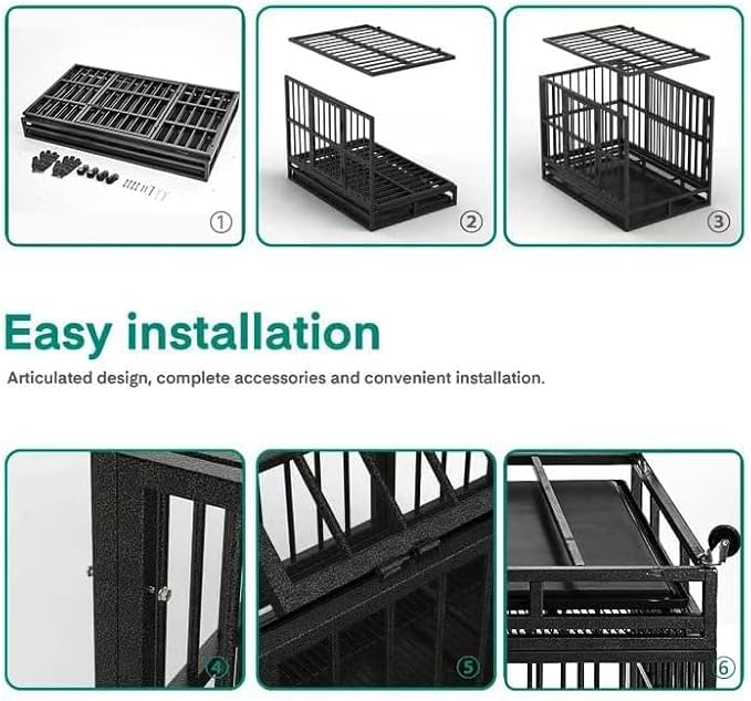 48/38 Inch Heavy Duty Dog Crate Cage Kennel with Wheels, High Anxiety Indestructible, Sturdy Locks Design, Double Door and Removable Tray, Extra Large XL XXL