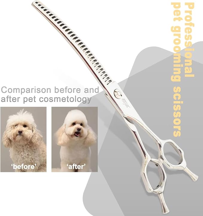 Professional Dog Grooming Scissors, Japanese 440C Stainless Steel, 62 HRC Hardness, Curved Chunker