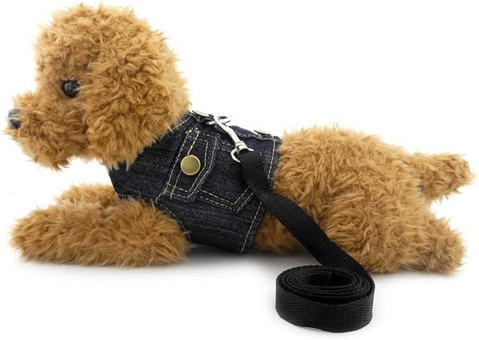 SMALLLEE_LUCKY_STORE Small Dog Cat Denim Vest Jacket Harness,Soft Mesh Padded Puppy Harness Leash Set,Easy on and Off,Dark Blue M