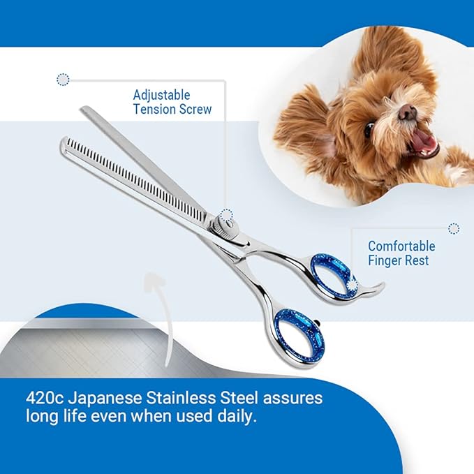 Laazar Pet Grooming Set - 7" Straight Pet Grooming Scissors & 6.5" Pet Thinning Shears with 42 Teeth | Professional Dog Shearing Scissors Kit | Use as Dog Shears, Cat Shears, Rabbit Shears