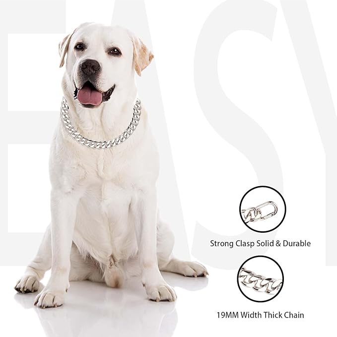 Cuban Link Chain Dog Durable Light Metal Dog Collar Silver Chain for Dog Cute Fashion Jewelry Accessories for Dogs Bulldog Pitbulls (19MM)(26)