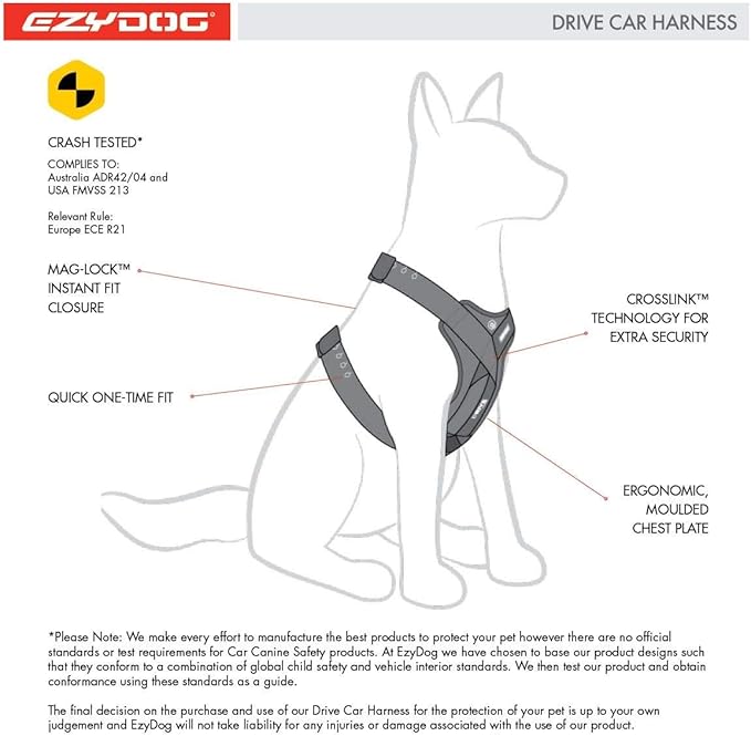EzyDog Drive Safety Travel Dog Car Harness - Crash Tested US (FMVSS 213) - Premium Vehicle Restraint Vest for Protection and Comfort - Easy One Time Fit and Use with Car Seat Belt (Large)