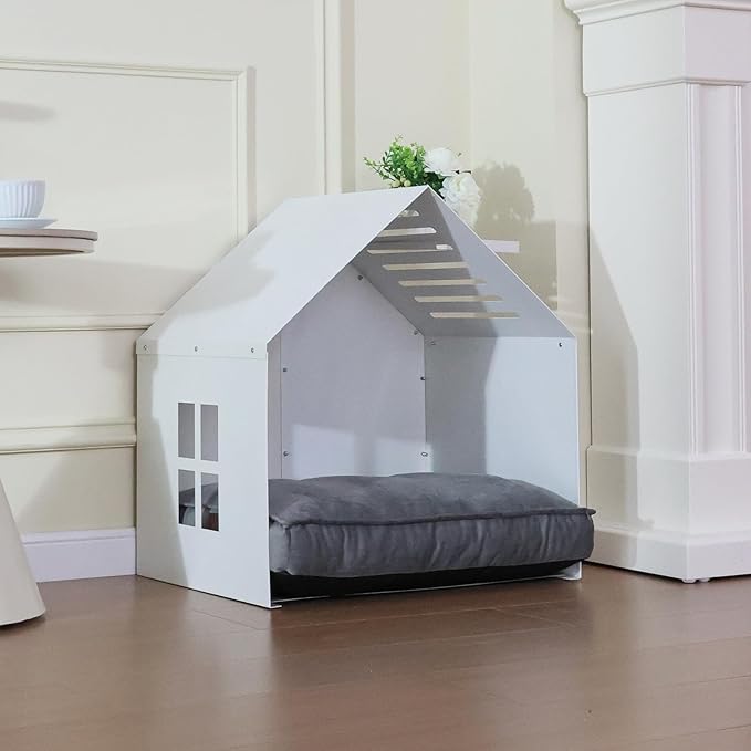 Modern Metal Dog House with Plush Cushion – Open Design Dog Bed, Cozy Pet Cave for Dogs & Cats, Stylish Indoor Pet Furniture