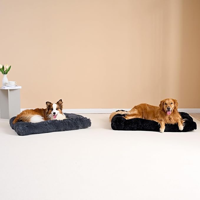 EHEYCIGA Fluffy Dog Crate Bed for Large Dogs, Plush Faux Fur Dog Crate Pad, Calming Anti Anxiety Large Dog Bed for Crate, Washable Soft Warm Dog Crate Mat with Non-Slip Bottom, Dark Grey