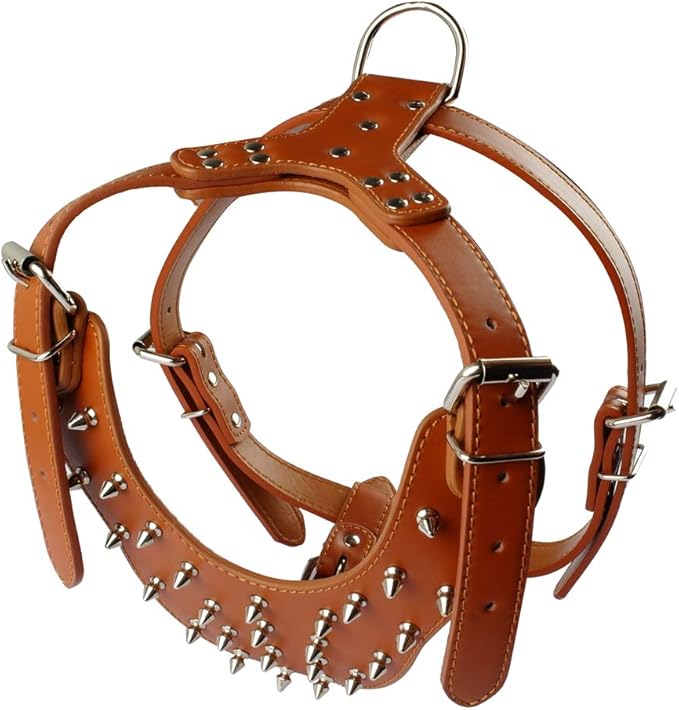 Leather Spiked Studded Harnesses, Collars & Leashes 3Pcs Matching Set for Medium & Large Dogs Pitbull,Mastiff, Boxer, Bull Terrier (Red, XL)