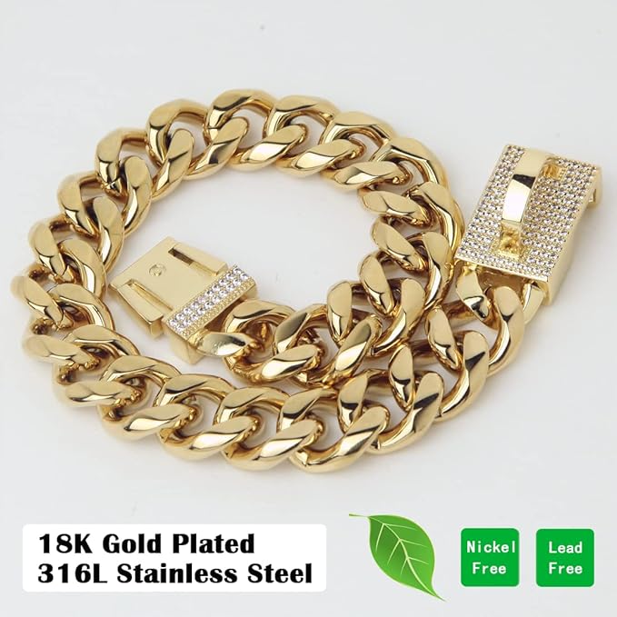 New Gold Dog Chain Collar with Bling Cubic Zirconia Secure Buckle,15MM Strong Stainless Steel Cuban Link Chain Collars,Luxury Necklace Collar for Small Medium & Large Dogs