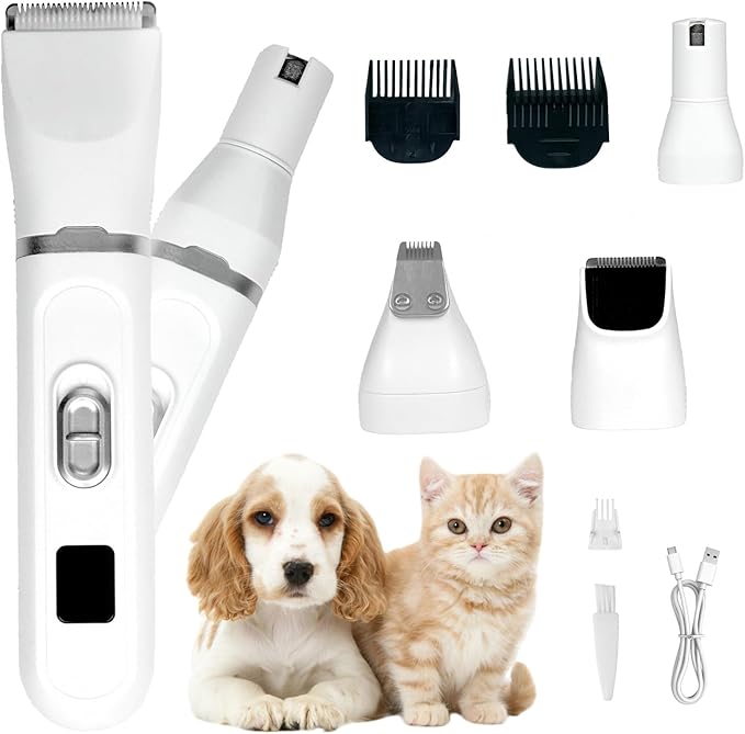 Dog Clippers Grooming Kit, 4 in 1 Rechargeable Low Noise USB Pet Trimmer Set, Clear Power Display Dog Hair Trimmer Cordless Quiet Nail Grinder Shaver for Dogs, Cats, Pets