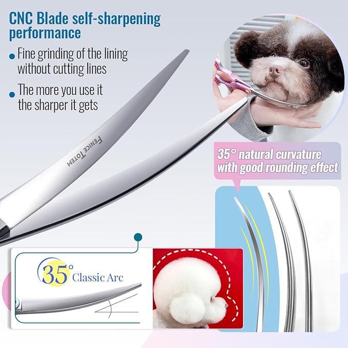 Fenice Dog Grooming Curved Scissors: 6.5" Pet Self-sharpening Split Finishing Shears for Dogs' Faces and Eyes Lightweight Ideal for Tight Spaces and Detailed Grooming Japan VG10 Alloy Steel 63HRC