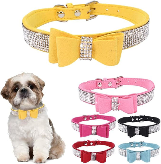 Diamond Large Dog Collar Bow, Rhinestone Dog Collar with Bow tie, Female Cat Collars Crystal Jeweled Bling Sparkling Glitter for Small Medium Large Dogs,Yellow,XXL