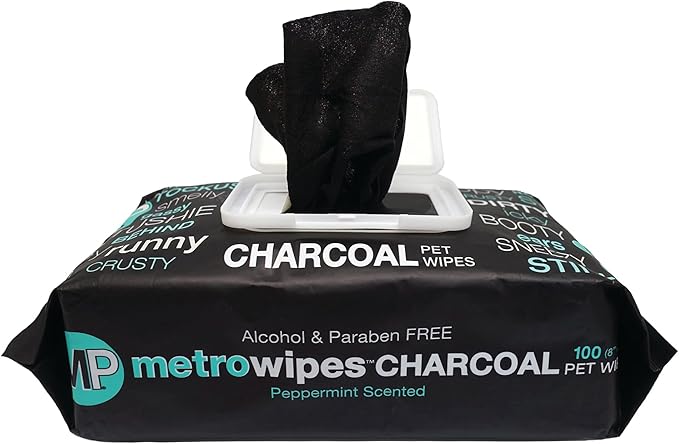 MetroPaws Peppermint Scented Charcoal Dog Wipes, 100 Extra Large & Thick Cleaning Wipes Ideal for Cats and Dogs, for Paws, Butt, Ears and Eyes