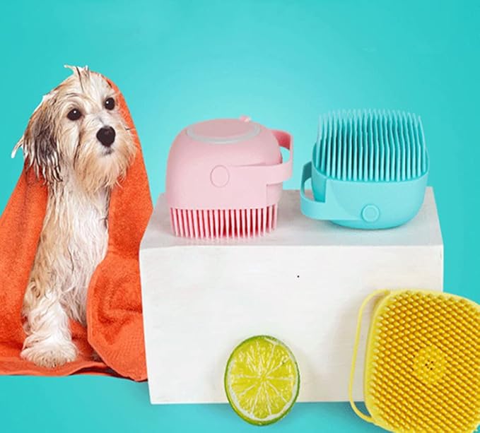 Dog Brush – Cat Brush – Shampoo Dispensing Scrubber – Soft Silicone Design – Hanging Loop – For All Skin Types – Grooming, Deshedding and Exfoliating, Blue