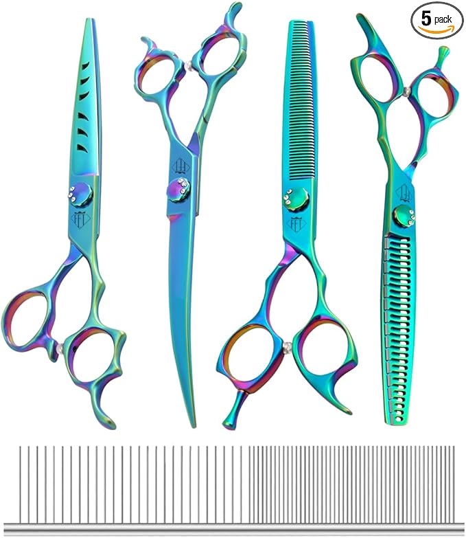 Dog Grooming Scissors: 5 in 1 Pet Shears Set Made Of Japanese 440C Advanced Stainless Steel Trimming Dogs Cats and Other Pets Green